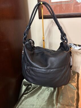 Adrienne Vittadini Black Pebbled Leather Hobo shoulder Bag With Tassel